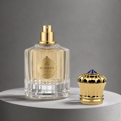 خرید عمده فروشی درب بطری عطر شکل غنچه آجدار طلایی با براق با بدلیجات آبی بالا پوشاندن زاماک سنگین OEM نشان حکاکی سفارشی بسته بندی عطر لوکس خاورمیانه تولید آنلاین