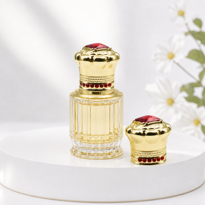 خرید عمده فروشی آینه درخشش بالا طلا تاج سلطنتی عطر بطری کاپ با مربع قرمز الماس بالا و دایره قرمز کمربند سنگ ریز بسته شدن Zamac سنگین OEM لوگو حکاکی سفارشی خاورمیانه عطر لوکس تولید آنلاین
