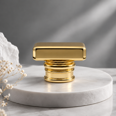 خرید درب بطری عطر مستطیل طلایی آینه‌ای با حلقه‌های متعدد از آلیاژ روی، درب فلزی پولیش شده سفارشی برای بسته‌بندی بطری عطر شیشه‌ای لوکس خالی طراح تولید آنلاین