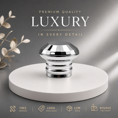 خرید کلاهک عطر چند حلقه‌ای گنبدی هندسی ممتاز با روکش کروم نقره‌ای از آلیاژ روی، درب فلزی سنگین و جامد زاماک برای بسته‌بندی عطرهای لوکس و خاص، مغناطیسی تولید آنلاین