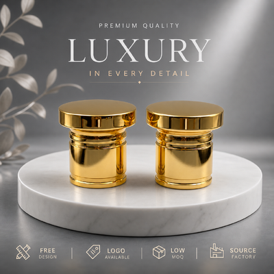 خرید درب عطر چند لایه طلایی براق زاماک پرفروش با وزن سنگین آلیاژ روی، قالب سفارشی برای بسته بندی عطر لوکس تولید آنلاین
