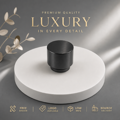 خرید کلاهک عطر استوانه‌ای مینیمالیستی آلیاژ روی مشکی مات دو طبقه، درب بطری عطر با لوگوی سفارشی برای بطری شیشه‌ای عطر مغناطیسی تولید آنلاین
