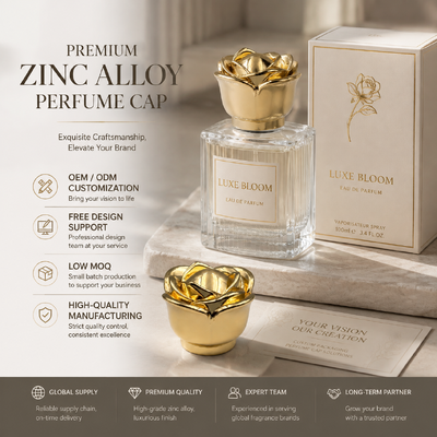 خرید درب بطری عطر فلزی طلایی مجسمه‌سازی شده به شکل گل رز با آبکاری الکتریکی، درپوش بطری عطر از جنس زاماک طلایی، درپوش بطری عطر مغناطیسی با آبکاری الکتریکی، لوازم جانبی سفارشی لوکس از جنس زاماک برای عطر تولید آنلاین