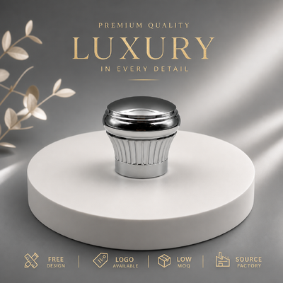 فروش داغ عمودی ریبدار فلوتی گنبد درخشنده نقره ای زاماک عطر کاپ وزن سنگین آلیاژ روی زینک عطر بطری پوشش قالب سفارشی برای بسته بندی عطر برتر آرایشی مغناطیسی