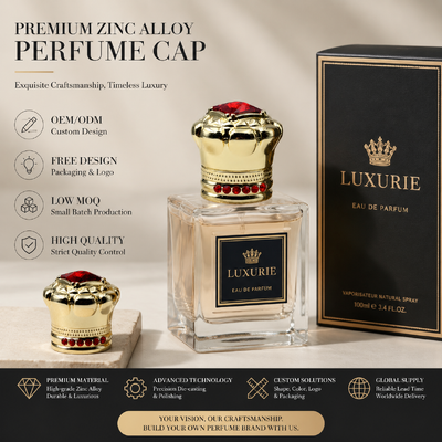 کلاه عطری شکل تاج لوکس آلیاژ روی زینک پوشانده قرمز Rhinestone لوگو سفارشی طلا زیمک فلزی بطری عطری OEM پوشش بطری عطری بالا مغناطیسی