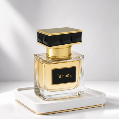 درب بطری عطر مستطیلی لوکس مشکی فست، زاماک FEA15، با تزئین طلایی آلیاژ روی